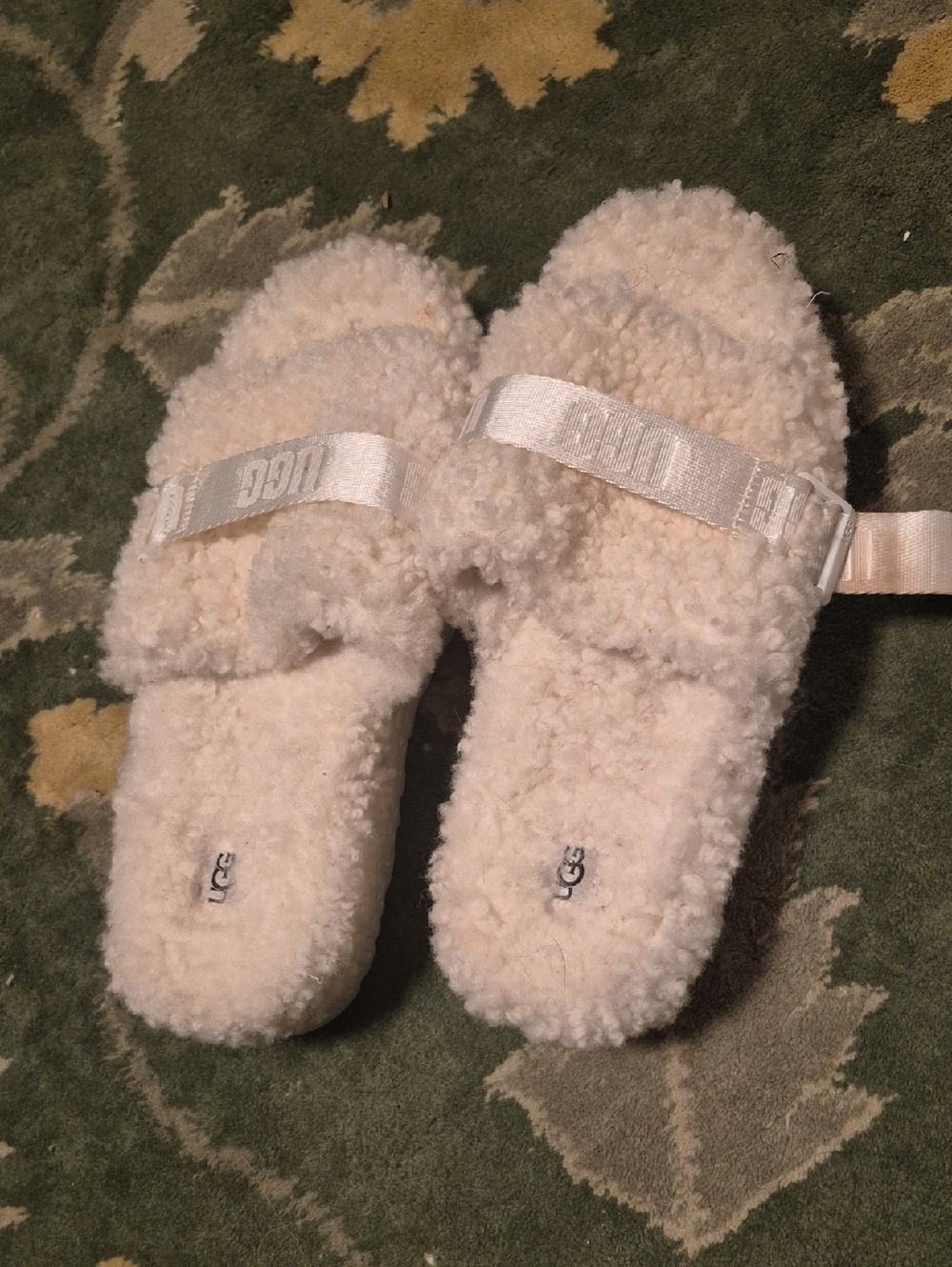 UGG Cream Shearling Slide Sandals with Satin Strap